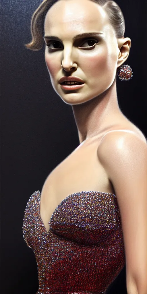 Image similar to Natalie Portman, wearing an evening gown, alexander mcqueen couture, very detailed portrait, ultrarealistic, dramatic lighting, electrical details, high details, 4k, 8k, best, accurate, trending on artstation, fur, artstation, photorealism, ultrarealistic, digital painting, style of Dali, Caravaggio, Boris Vallejo