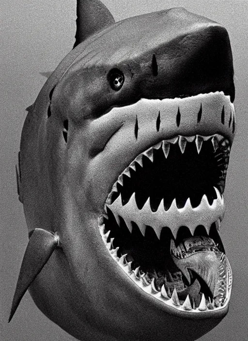 Image similar to jaws great white shark transformers, 1 9 8 0 s product photography, studio lighting