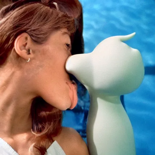 Image similar to a woman and her friend an anthropomorphic nostril in a swimming pool live-action childrens television show 1974 technicolor