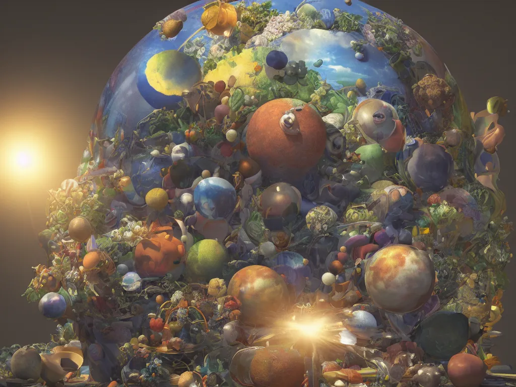 Image similar to 3 d render, sunlight study, the universe is a spheroid region 7 0 5 meters in diameter, art nouveau, by jan davidz de heem and ( ( ( ( ( lisa frank ) ) ) ) ), 8 k, sharp focus, octane render