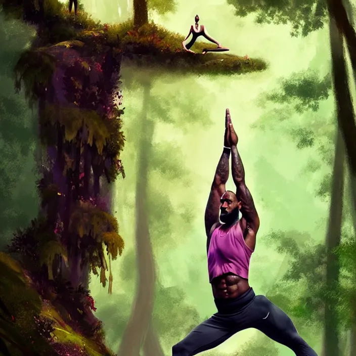 Prompt: lebron james doing yoga in the forest, epic professional digital art, best on artstation, cgsociety, wlop, behance, pixiv, cosmic, epic, stunning, gorgeous, much detail, much wow, masterpiece by dorian cleavanger and stanley lau