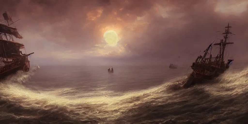 Prompt: two pirates facing each other in death duel!, foggy, gunpowder smoke, dramatic, bloody scene, sunset background, ship on the horizon, portrait 4 / 3, high detail, greg rutkowski, james gurney, gene wolfe, gustave dore, jesper ejsing, rhads, makoto shinkai, ilya kuvshinov