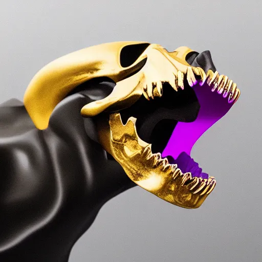 Image similar to opened mouth panther skull with gold teeth and gems inlaid skull, matte black, rose gold, amethyst, high coloration, ambient lightning, ultra wide lens, focused, highly detailed, 8 k