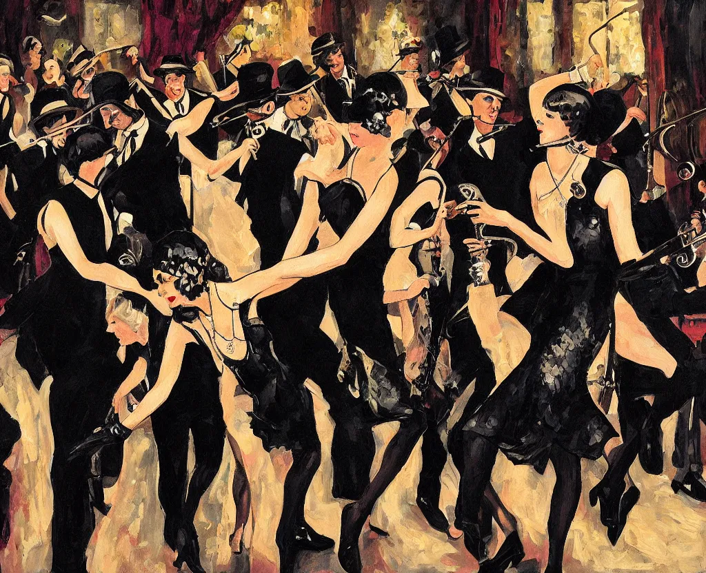 Prompt: realistic painting of a 1 9 2 0 s short - haired flapper woman in black satin gloves dancing with others in front of a jazz band on stage party in a dimly lit speakeasy, jazz age, precise, wide lens photography, cohesive, stylistic, cinematic, low - lighting