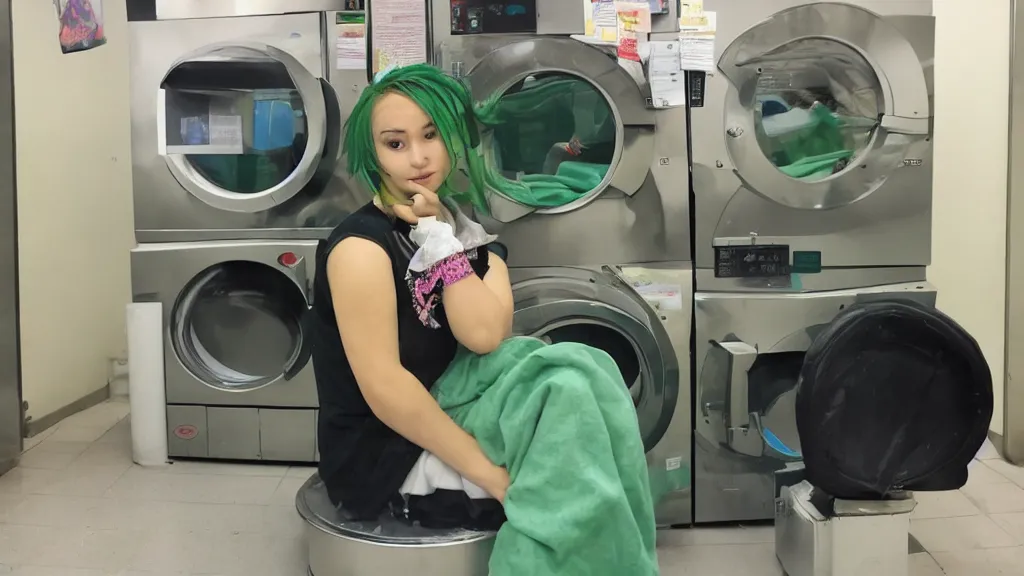 Image similar to a girl with green hair sitting on top of a washing machine in a laundromat in the style of Tsuguharu Fujita