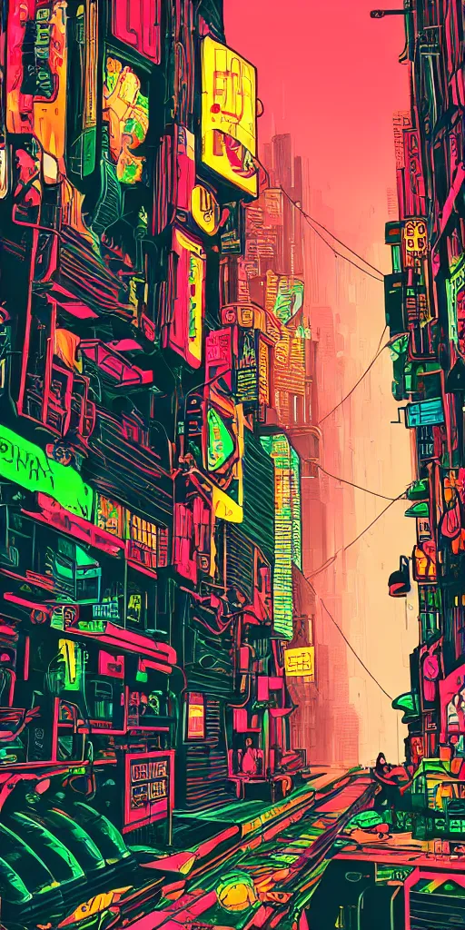 Prompt: cyberpunk alley, pop art, markers, rtx, 8 k, ray tracing, highly detailed, neon, single person