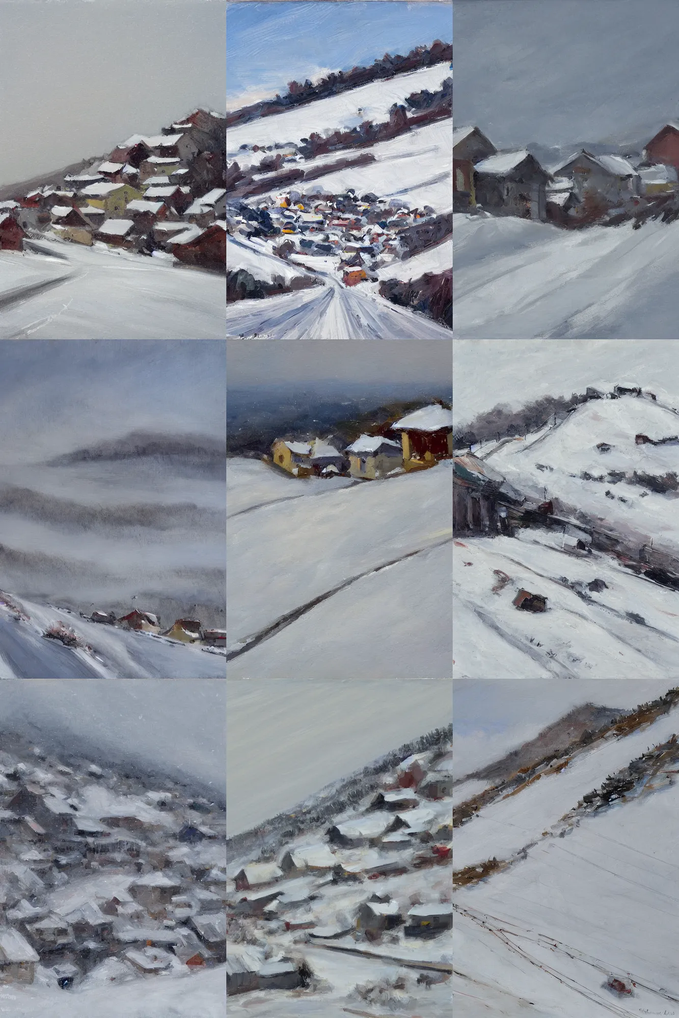 Prompt: steep narrow snow covered hill, low angle, with several houses with snow covered roofs and a steep snow covered road, pure white hazy overcast sky, view up from the foot of the hill, shallow perspective, by richard claremont