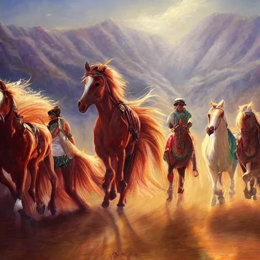 Prompt: horse festival fantasia, oil painting, artstation, very detailed