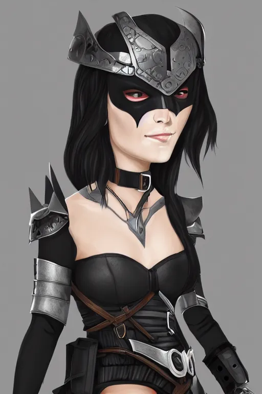 Image similar to female adventurer in tight full - body black leather armor of japanese design and a black porcelain crow mask, trending in artstation, establishing shot