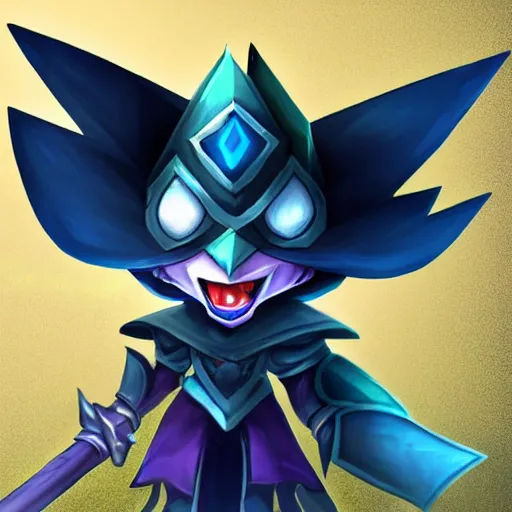 Prompt: Veigar from League of Legends, a small yordle, wearing blue cloak, magical staff, dark face