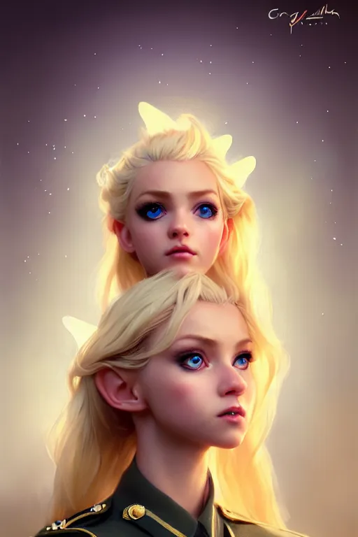 Image similar to cinematic shot of an epic portrait of a cute blonde fairy dressed in military clothes, stylised military clothes, shiny skin, beautiful eyes, beautiful, small details, night setting, realistic poster with volumetric light from craig mallism, artgerm, jeremy lipkin and michael garmash, unreal engine, radiant light, digital art, trends at art station, a masterpiece