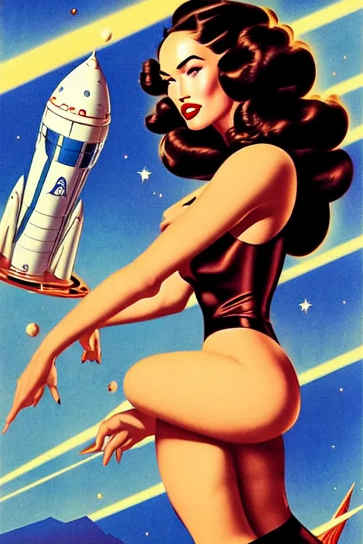 Prompt: beautiful retro space megan fox varga girl sitting on a rocket in diesel punk city, windblown dark hair, retro pinup model, seductive, 1 9 4 0, glamour pose, intricate, smoke, hyper detailed, digital art, smooth, sharp focus, alberto vargas, gil elvgren, greg rutkowski, propaganda poster