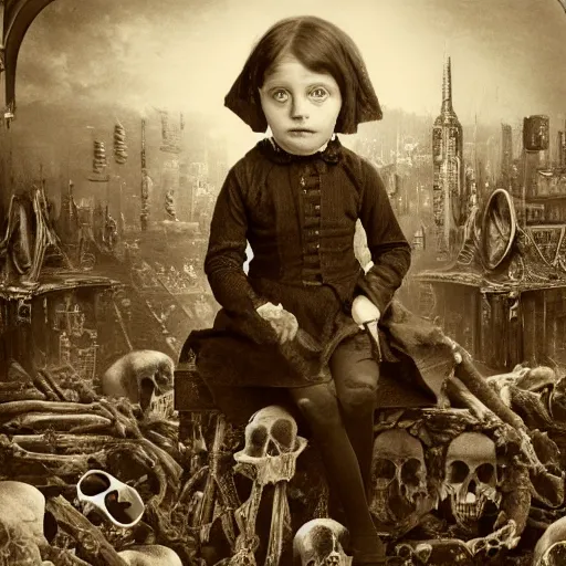 Image similar to a photo of young sad victorian gothic child with big eyes and wide grin sitting on a sofa of bones surrounded by a cyber futuristic cityscape made of human body parts, ultra detailed, 8 k resolution, beautiful lighting, expansive detailed layered city, landscape, 5 0 mm, perfect faces