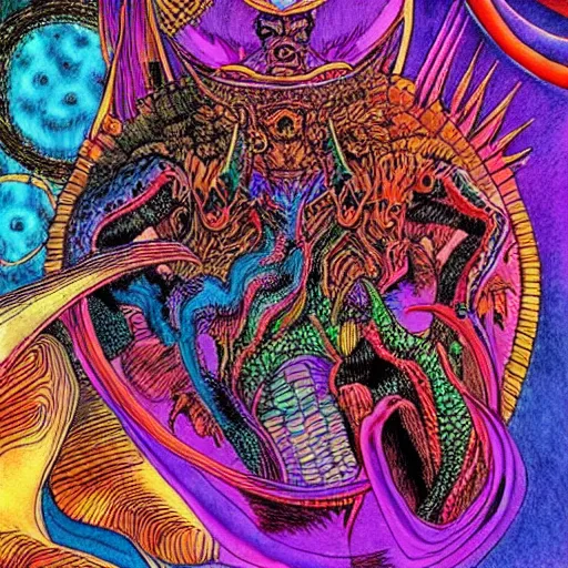 Prompt: marduk, devourer of worlds, detailed colored ink art in dark and vibrant colors art by moebius on dmt and shrooms