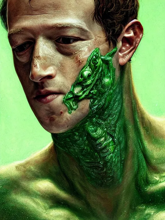 Image similar to portrait of a mark zuckerberg, skin peeling away to reveal bright green! reptile! skin!, art by ryo shiotani and greg rutkowski, intricate, beautiful, cinematic lighting, vintage art by serge ivanoff, high resolution, very detailed