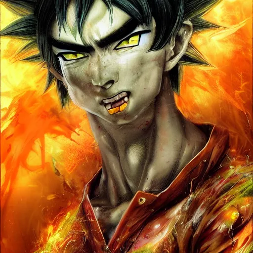 Prompt: a Demon Slayer portrait of Son Goku , tall, pale-skinned, and slender with lime green eyes and long eyelashes by Stanley Artgerm,Tom Bagshaw,arthur adams, Carne Griffiths, trending on Deviant Art,street art,face enhance,chillwave,maximalist,full of color, glittering