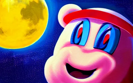 Prompt: mascot character Kirby on the moon, oil painting on canvas, 8k, highly detailed, soft lighting