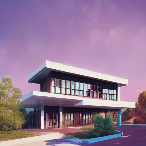 Image similar to modernist house inspired by a taco bell between big trees, light pink clouds, dramatic lighting, artstation, matte painting, raphael lacoste, simon stalenhag, frank lloyd wright, zaha hadid