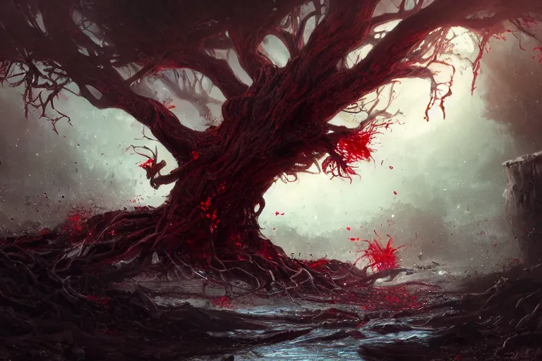 Image similar to a giant rotting tree with crimson water flowing through its roots surrounded by moths, concept art, digital painting, trending on artstation, deviantart, highly detailed, perfect composition, dramatic lighting, sharp focus, 8 k uhd