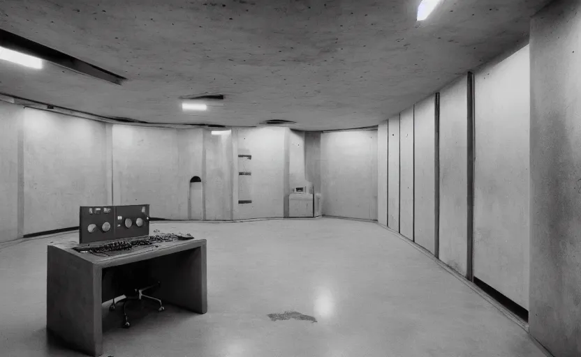 Image similar to Interior shot of a secret brutalist concrete bunker with computers and with glossy concrete floor by stanley kubrick, shot by 35mm film color photography