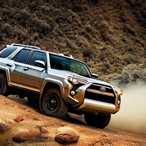 Image similar to Toyota 4Runner, Professional Photography, Skyrim, Off-roading, Mountain landscape, dirt, road, cinematic color, photorealistic, highly detailed wheels, highly detailed