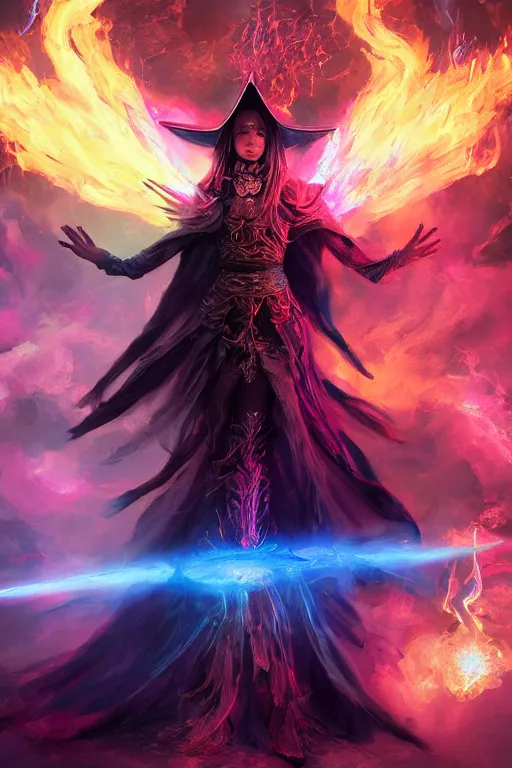 Image similar to A beautiful dark magician women wearing a large witches hat covered in colorful flames by Greg Rutkowski, Sung Choi, Mitchell Mohrhauser, Maciej Kuciara, Johnson Ting, Maxim Verehin, Peter Konig, mythical, 8k photorealistic, cinematic lighting, HD, high details, atmospheric,