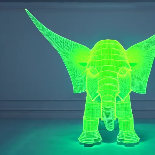 Image similar to a neon elephant yoda, placed in a large living room, art designers magazine HD photo superrealism 3d 8k resolution