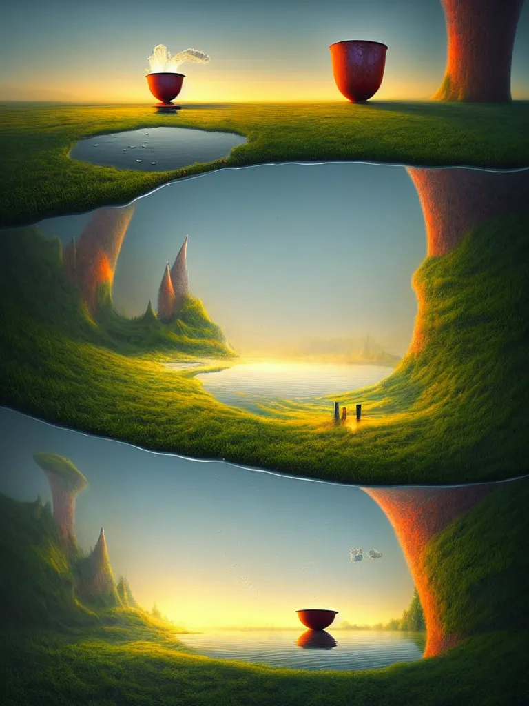 Image similar to a surreal landscape at sunset with a immense gigantic ornated iron chalice cup with a lake inside, water in excess dropping by gediminas pranckevicius