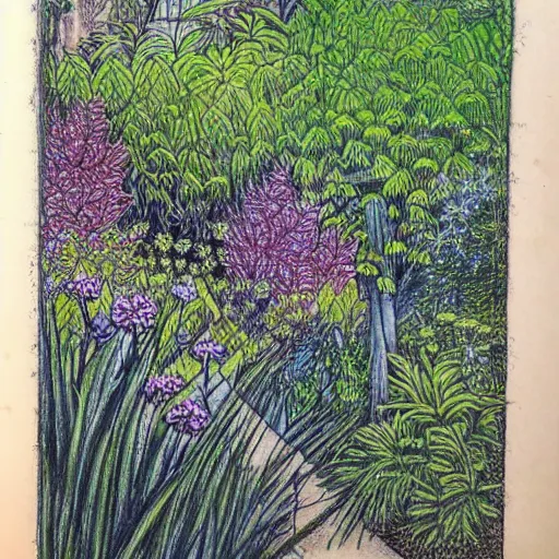 Prompt: Beautiful lush garden. Etching and engraving with colored pencil.