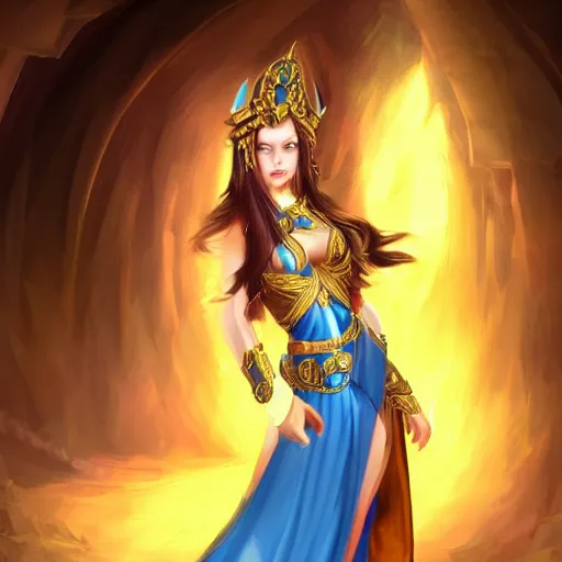 Image similar to seductive divine goddess with bright blue eyes and golden robe in a dark cave, digital art dnd beyond trending on art station,