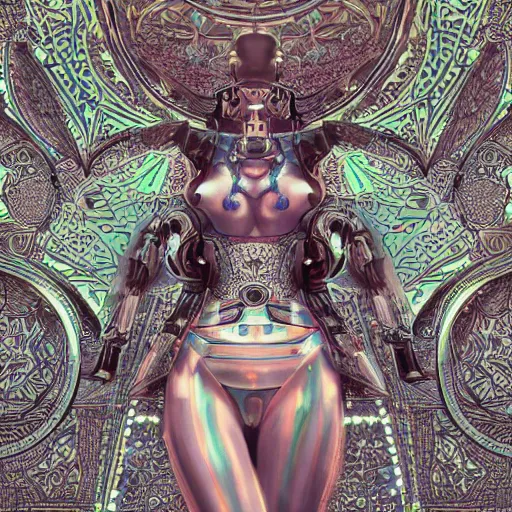 Image similar to the portrait of an absurdly graceful, sophisticated, fashionable ottomanpunk robotess idol, an ultrafine hyperdetailed illustration by kim jisu, intricate linework, neon wiring, porcelain skin, unreal engine 5 highly rendered, global illumination, radiant light, detailed and intricate environment, by rutkowski, artgerm