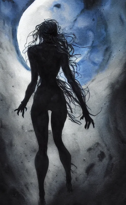 Image similar to book cover art, female dark witch from behind in front of the full big moon, watercolor, dramatic lighting, cinematic, establishing shot, extremely high detail, foto realistic, cinematic lighting, pen and ink, intricate line drawings, by Yoshitaka Amano, Ruan Jia, Kentaro Miura, Artgerm, post processed, concept art, artstation, matte painting, style by eddie mendoza, raphael lacoste, alex ross