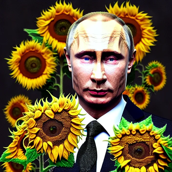 Image similar to photo portrait of Vladimir Putin - sunflowers - dressed in leisure shirt with ornamental ethereal sunflower pattern, natural skin tone, highly detailed realistic flowers ornament on the shirt, raging war and explosions in the background, eyebrows and wrinkles are intricate and highly detailed, elegant, Realistic, Refined, Highly Detailed, natural soft pastel lighting colors scheme, fine art photography by Cecil Beaton, volumetric lighting, hyper realistic photography