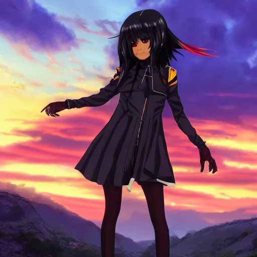 Image similar to black - haired anime girl, 1 7 - year - old anime girl with long bob cut, gothic jacket, golden hour, partly cloudy sky, red clouds, orange sky, strong lighting, strong shadows, vivid hues, ultra - realistic, sharp details, subsurface scattering, intricate details, art by artgerm, greg rutkowski, 2 0 1 9 anime screenshot