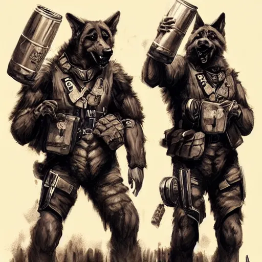Prompt: two humanoid german shepherds beast - men in military style, they holding a beer, artstation, concept art, smooth, sharp foccus ilustration, artstation