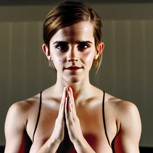 Image similar to emma watson doing a yoga pose, detailed, warm lighting, 8 k, studio, photography, glamour, the style of perry bible fellowship