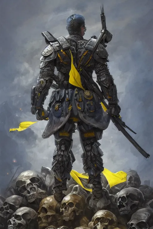 Image similar to a distant shot from behind of a Ukrainian super soldier with blue and yellow flag behind him standing alone on a huge pile of skulls as a winner, masculine muscular figure, D&D, fantasy, intricate, elegant, highly detailed, extremely detailed, digital painting, artstation, concept art, matte, sharp focus, illustration, art by Artgerm and Greg Rutkowski and Alphonse Mucha