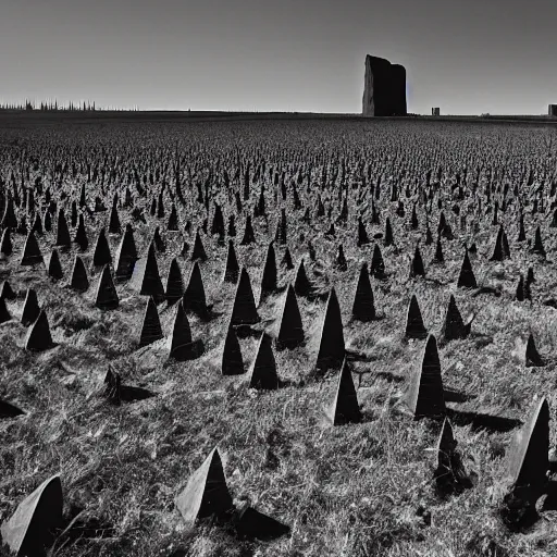 Image similar to radioactive spike field, monolithic stone spikes, creepy monotone black and white lighting, post nuclear fallout, desolate, no life, high resolution, old photo,