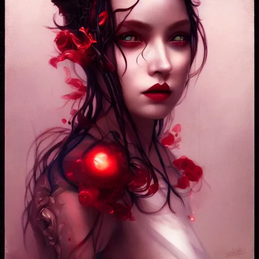 Image similar to princess of darkness, style of tom bagshaw, artgerm, james jean, piercing eyes, long glowing red hair, cinematic, highly detailed, award winning