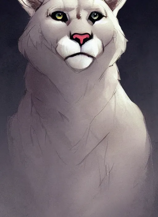 Prompt: beautiful portrait commission of a male furry anthro!!! albino mountain lion with dark red eyes and black nose markings wearing old-timey miner's clothes. Atmospheric. Character design by charlie bowater, ross tran, artgerm, and makoto shinkai, detailed, inked, western comic book art