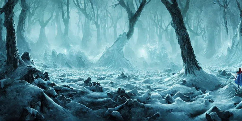 Prompt: Artwork by Filip Hodas of the cinematic view of the Forest of the Heavenly Domain of Enchanted Torture, Frozen Monument of Ice