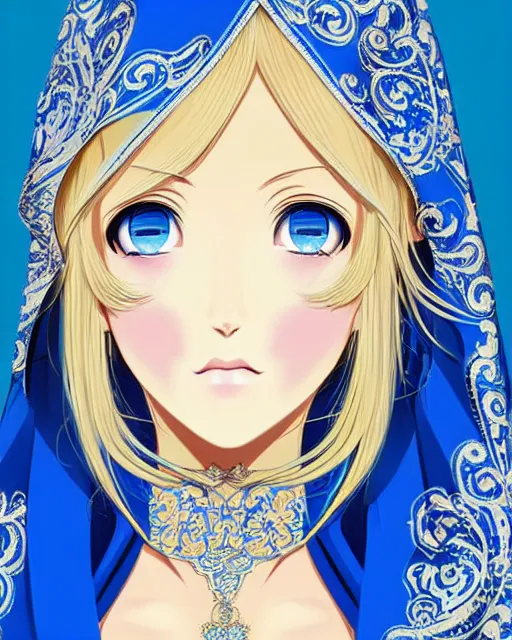 Prompt: a blonde woman wearing a blue veil and blue robes with ornate patterns | | very very anime!!!, fine - face, realistic shaded perfect face, fine details. anime. realistic shaded lighting poster