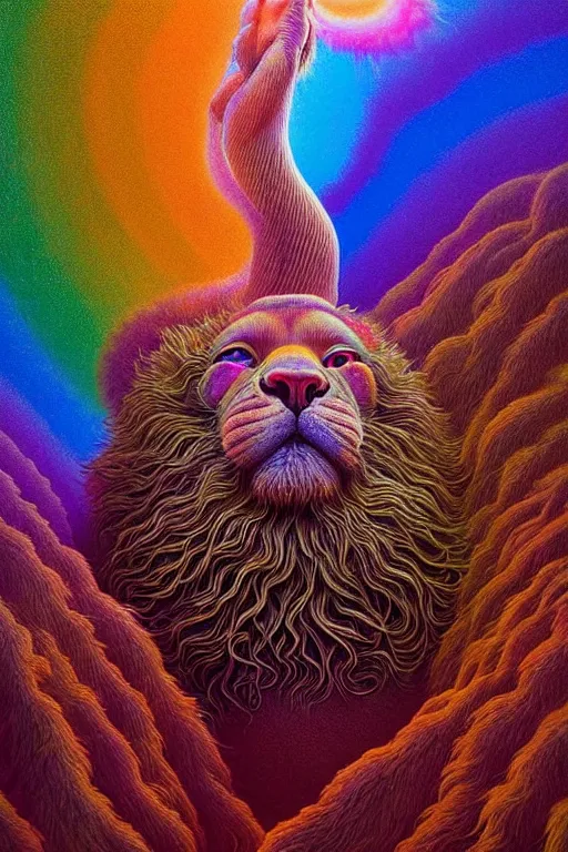 Prompt: hyperrealistic close-up baroque psychedelic!! celestial organic happy fluffy creature!! peaceful kind spirit of nature highly detailed concept art eric zener elson peter cinematic hard rainbow lighting high angle hd 8k sharp shallow depth of field, inspired by Zdzisław Beksiński
