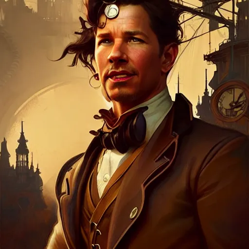 Prompt: a cinematic scene male steampunk mark wahlberg, intricate, elegant, highly detailed, digital painting, artstation, concept art, smooth, sharp focus, illustration, art by artgerm and greg rutkowski and alphonse mucha