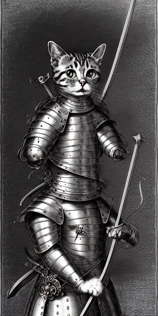 Image similar to engraving portrait of humanoid cat with sword in medieval armoury by gustave dore. trending on deviant art, street art, chillwave, maximalist, full of color, glittering, 8 k, hd