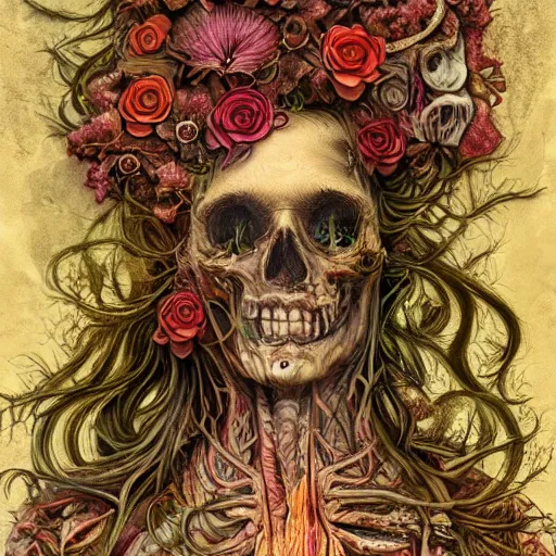 Prompt: a beautiful detailed photo of a rotten woman corpse morphing into fractal plants and fractal flowers and mushrooms, skull, 🌺, face muscles, veins, anatomical, intricate, ornate, volumetric light, beautiful lit, beetlejuice