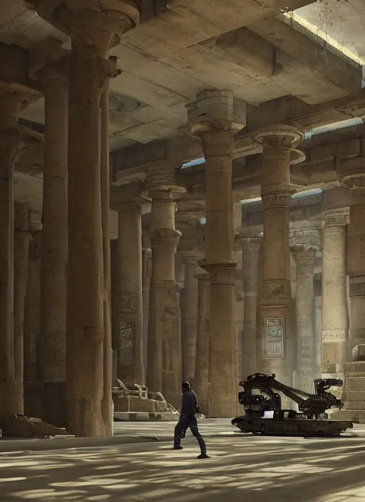 Prompt: sci fi robot repairshop inside of an egyptian temple, james gurney, katsuhiro otomo, james paick, cinematic lighting, artstation, craig mullins, greg rutkowski, pete morbacher, tuomas korpi, volumetric light, artstation, octane render, redshift render, low angle camera, intricate, 8 k -