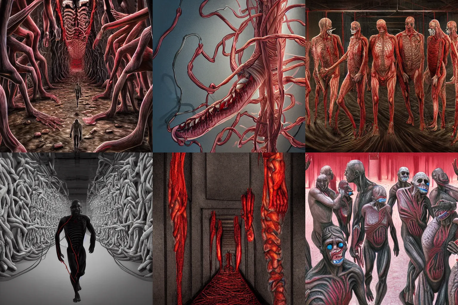 Prompt: a dozen of men without skin, with all their muscles and intestines visible, with mouths full of needle-sharp teeth and glowing eyes, are walking through an infinitely long corridor dragging their intestines along, leaving a trace of blood, high quality, digital art, hyperrealistic, in color