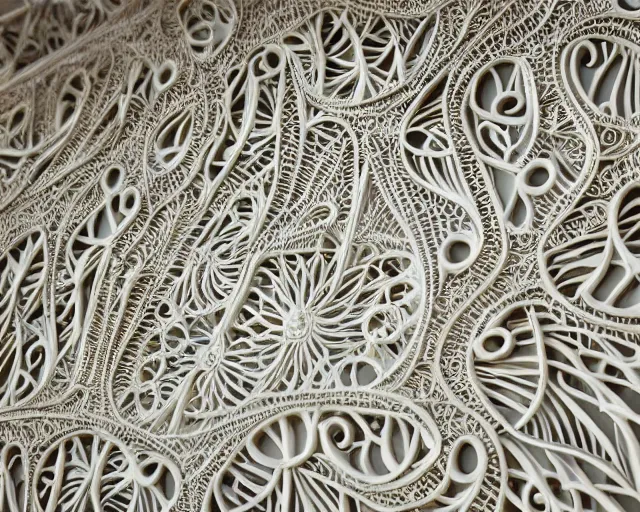 Prompt: wall craving filigree carved out of ivory about fishes fins scales, intricate insanely detailed