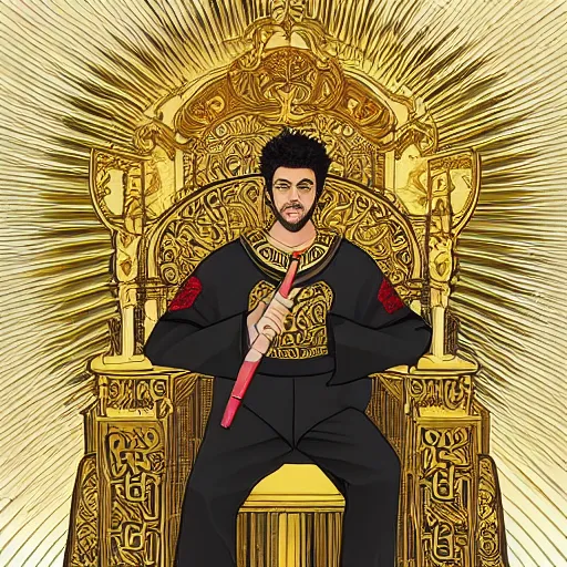 Prompt: modern self portrait of man sitting on throne, legs crossed, while holding a sword, white man, hispanic, brown hair, light skin, golden throne, sharp, marker, red robes, 8 k, hi - rez, clear, brown eyes, colored, green plants and golden background, sun in the sky, palace scenery, sharp, illustrated by yoji shinkawa